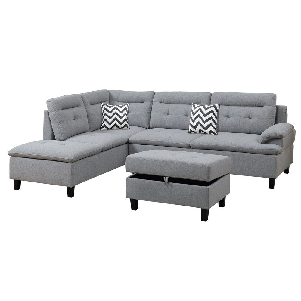 Olga Sectional Sofa Set | 3 Piece | Ottoman | 2 Pillows | Curved Arms | Gray