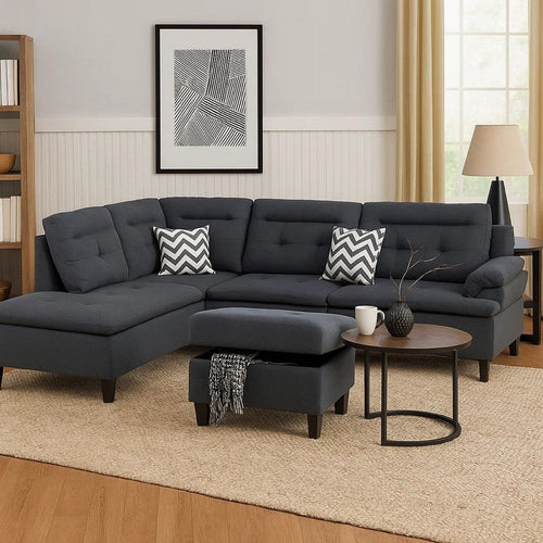Olga 3 Piece L Shape Sectional Sofa, Ottoman, 2 Pillows, Charcoal Gray