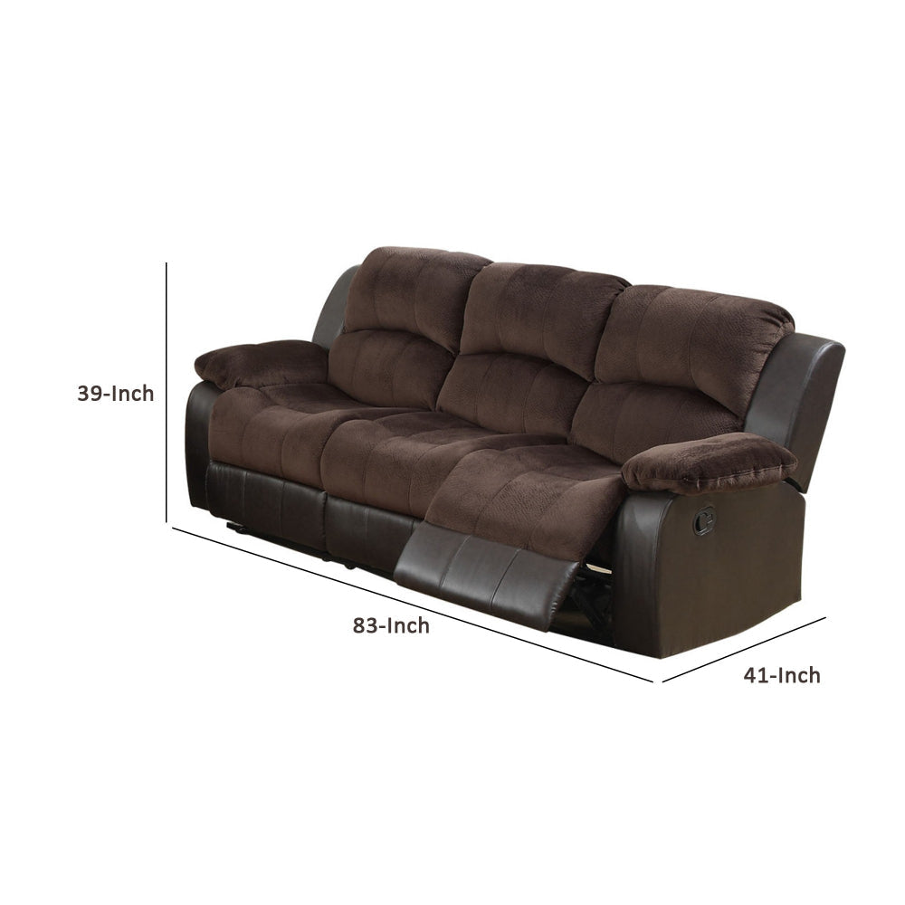 83 Inch Manual Recliner Suede Sofa USB Charging Port Brown Faux Leather By Casagear Home BM299038