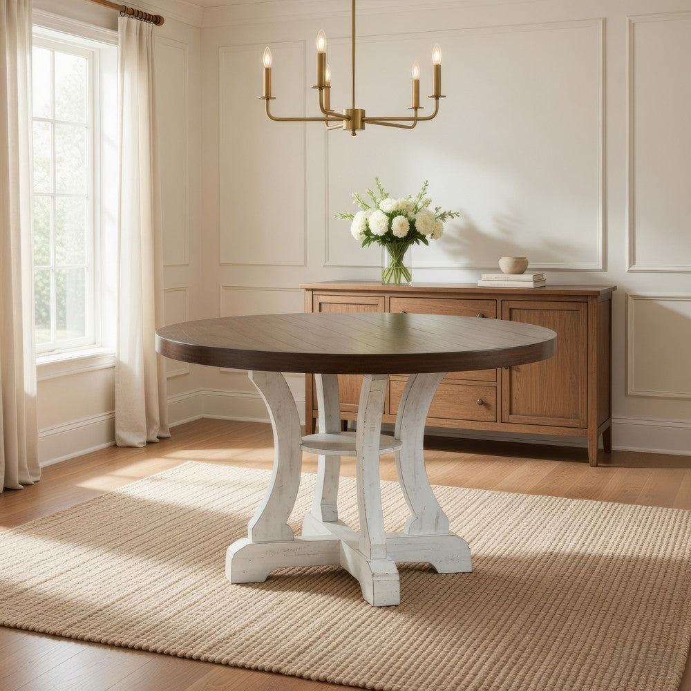Neci Round Dining Table | 54" | White Pedestal | Distressed Brown