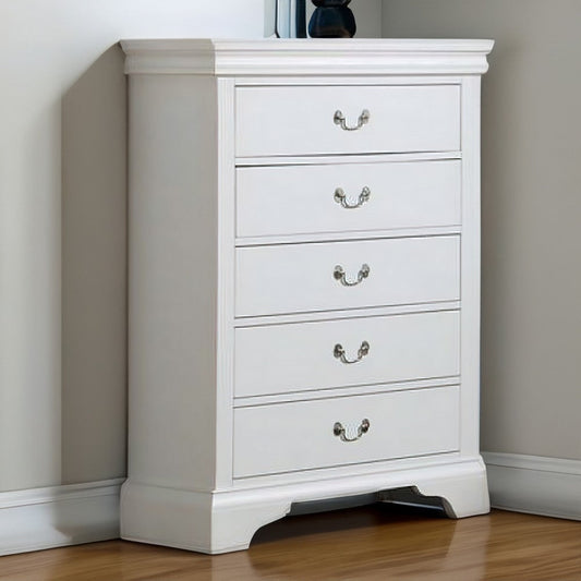 Vix 47 Inch 5 Drawer Tall Dresser Chest, Metal Handles, Crisp White Wood By Casagear Home