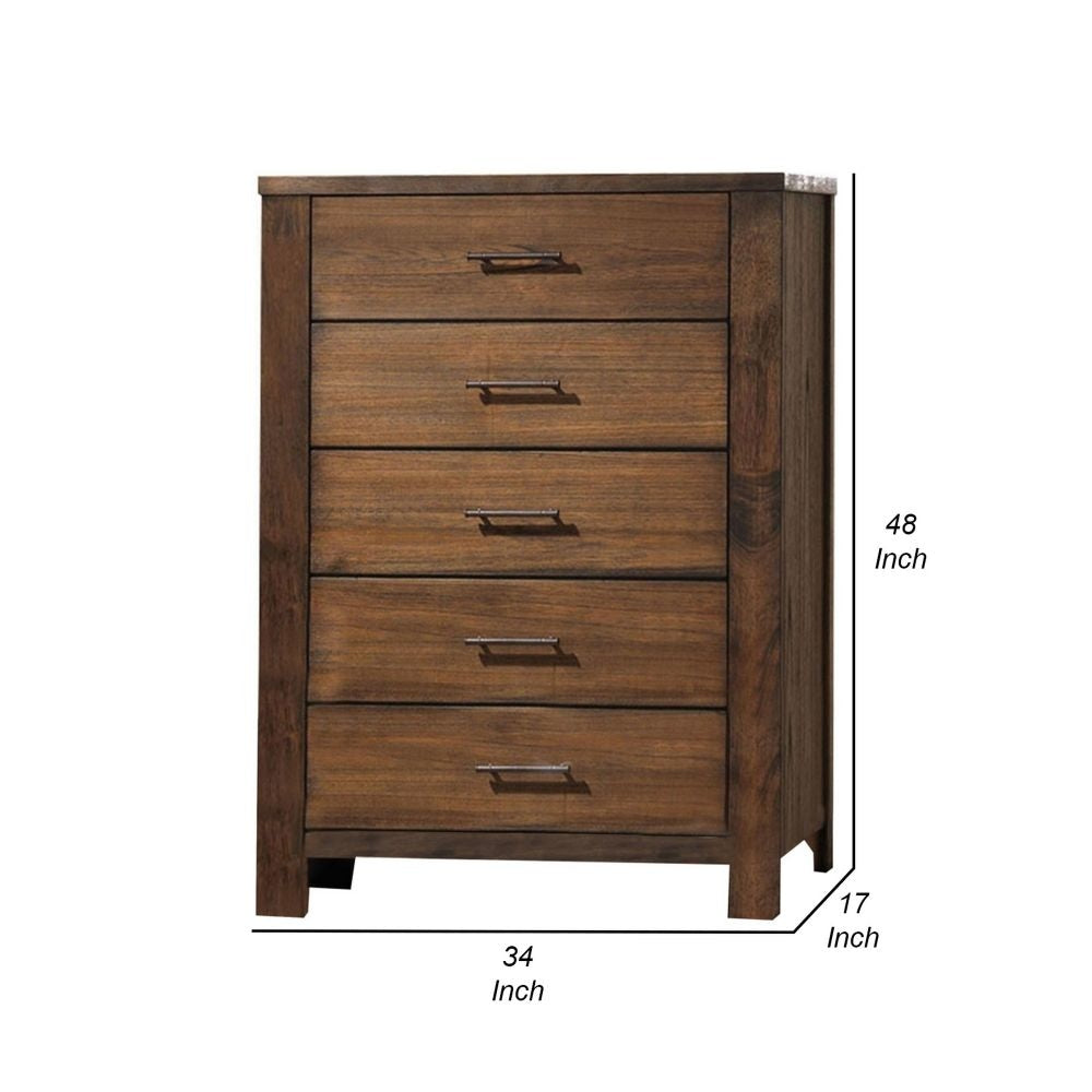Tiva 48 Inch Tall 5 Drawer Dresser Metal Handles Distressed Oak Brown By Casagear Home BM299083