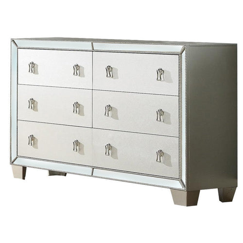 Dresser | 62" | 6 Drawers | Mirror Inlay | Tapered Legs | Silver