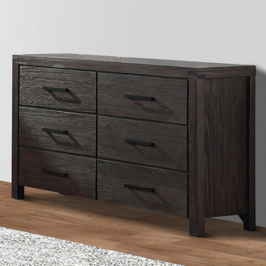 58 Inch Classic Wood Dresser with 6 Drawers, Metal Bar Handles, Dark Brown By Casagear Home
