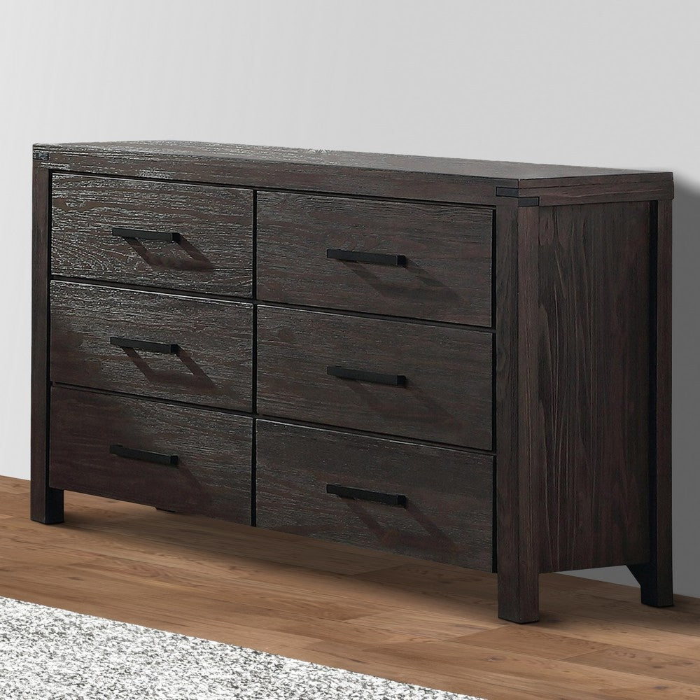 Dresser | 58" | 6 Drawers | Dark Brown Wood | Bar Handles