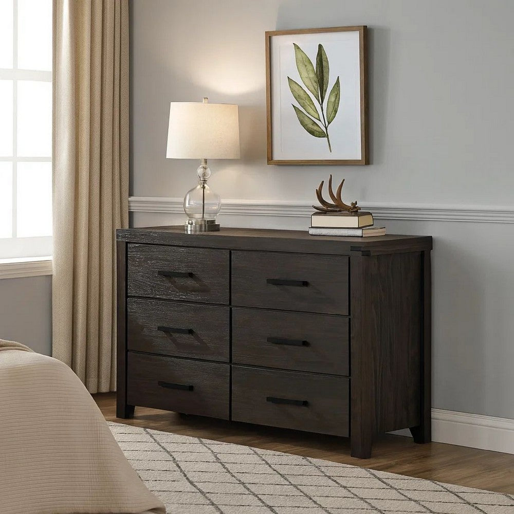 Dresser | 58" | 6 Drawers | Dark Brown Wood | Bar Handles