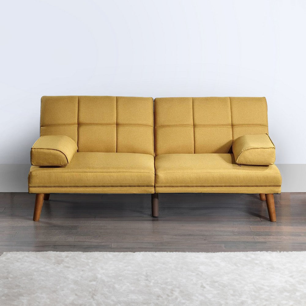 Gina 71 Inch Adjustable Futon Sofa Bed, Tufted, Tapered Legs, Mustard