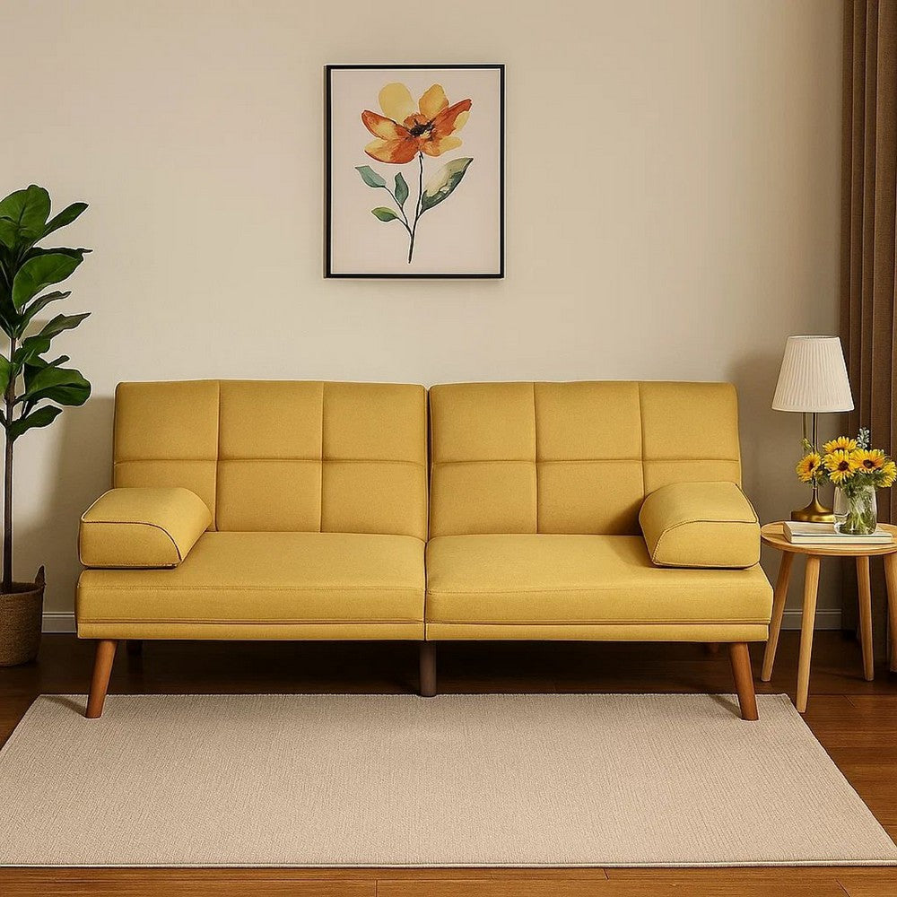 Gina 71 Inch Adjustable Futon Sofa Bed, Tufted, Tapered Legs, Mustard