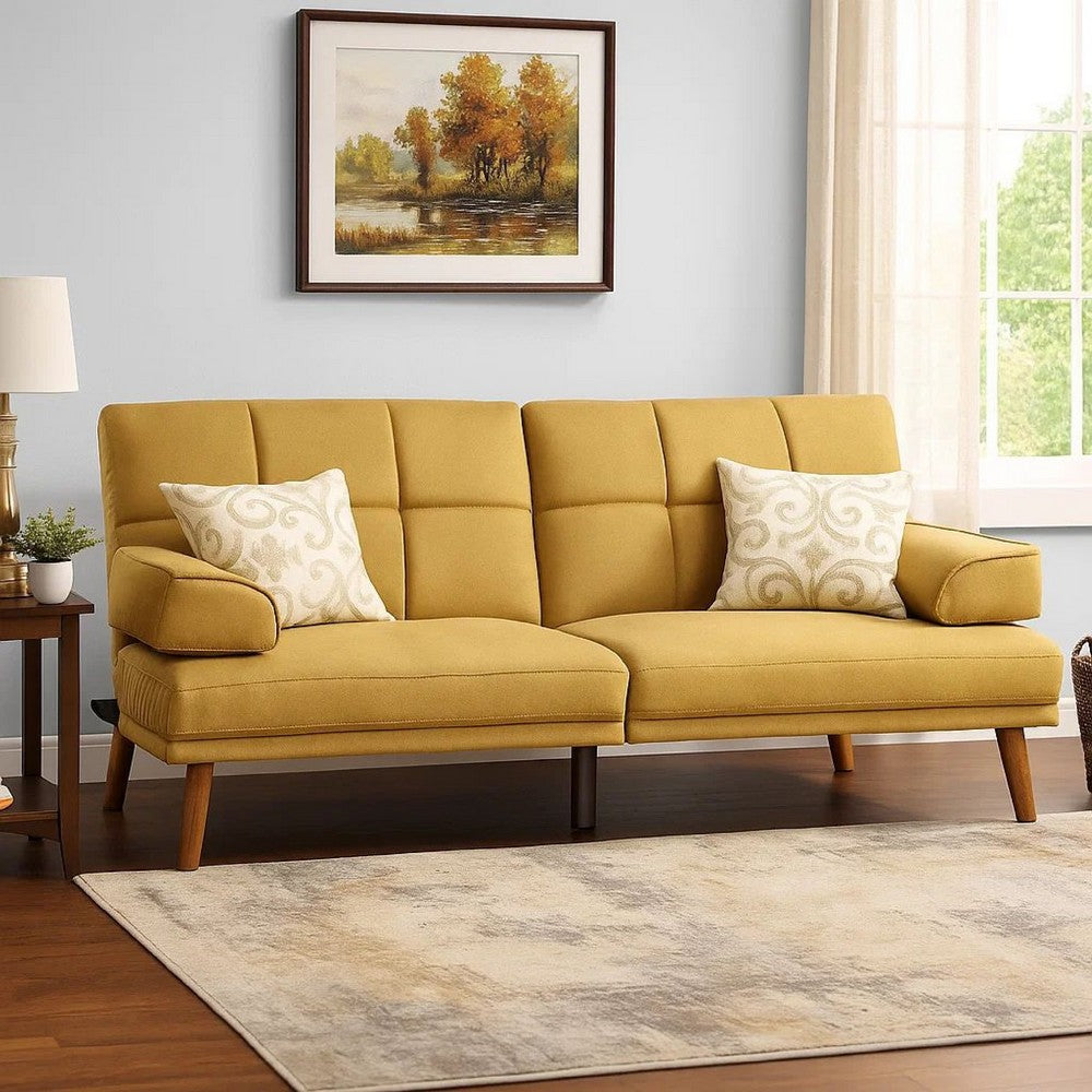 Gina 71 Inch Adjustable Futon Sofa Bed, Tufted, Tapered Legs, Mustard