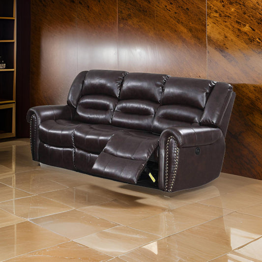 86 Inch Power Recliner Sofa with USB Charging Port, Brown Bonded Leather By Casagear Home