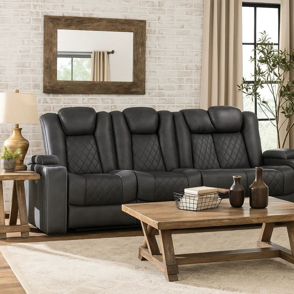 Elva 83 Inch Power Reclining Sofa, Storage Console, Blue Breathable Leather