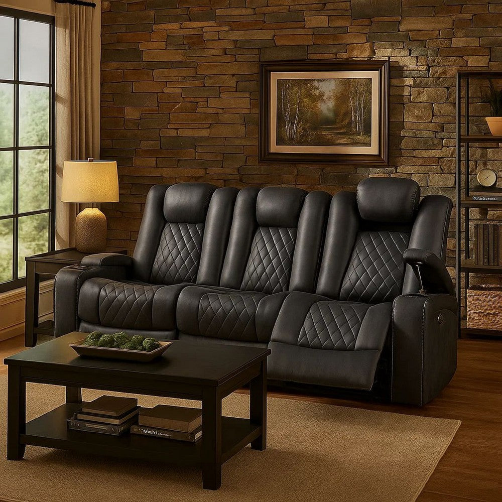Elva 83 Inch Power Reclining Sofa, Storage Console, Blue Breathable Leather