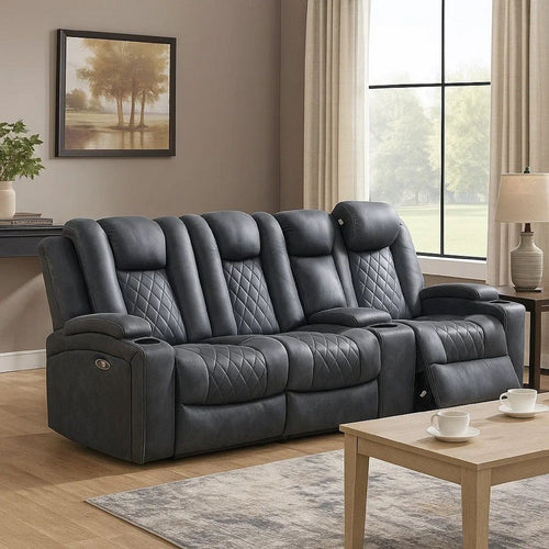 Elva 83 Inch Power Reclining Sofa, Storage Console, Blue Breathable Leather
