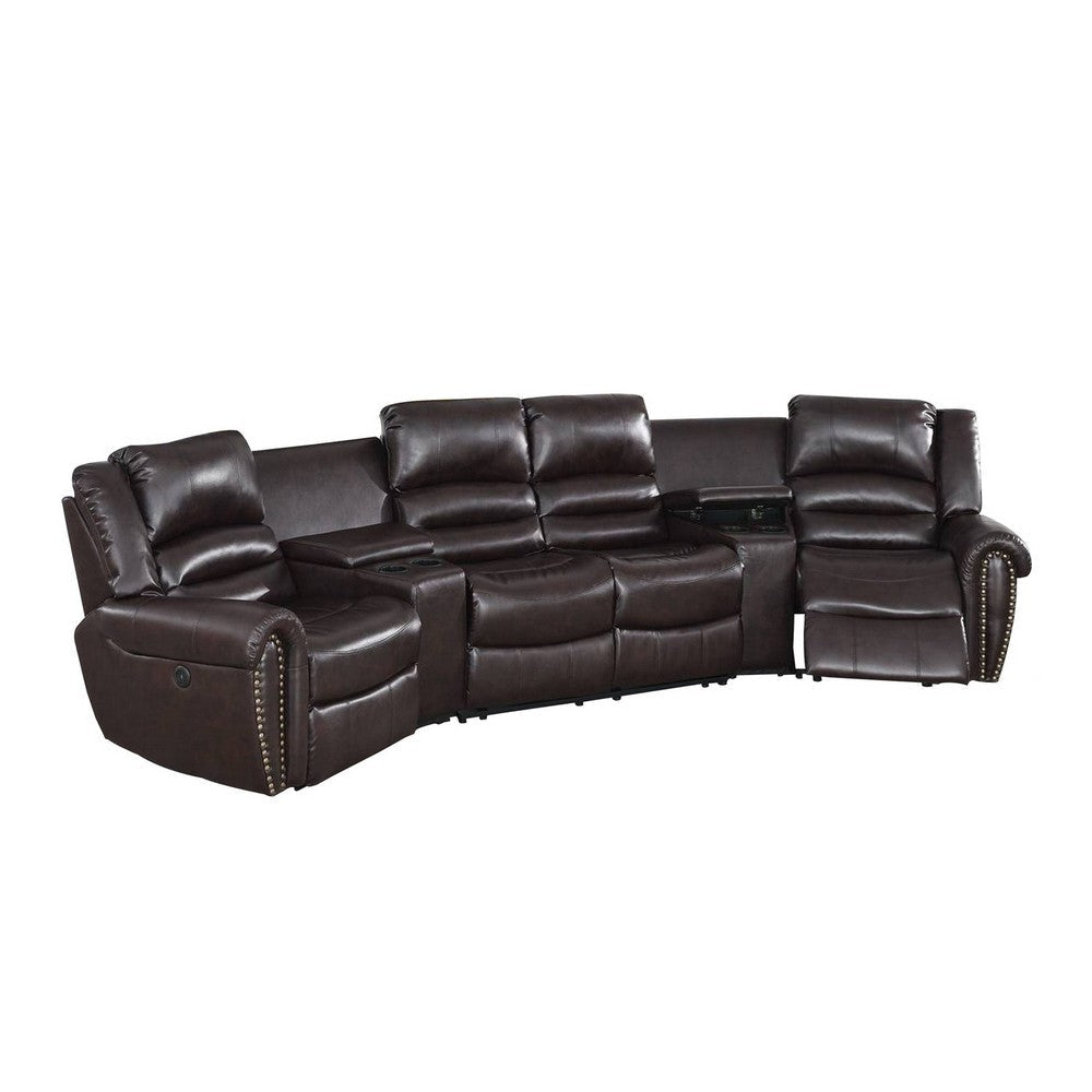 Zib Power Reclining Sectional Sofa Set, USB Port, Rich Brown Bonded Leather By Casagear Home