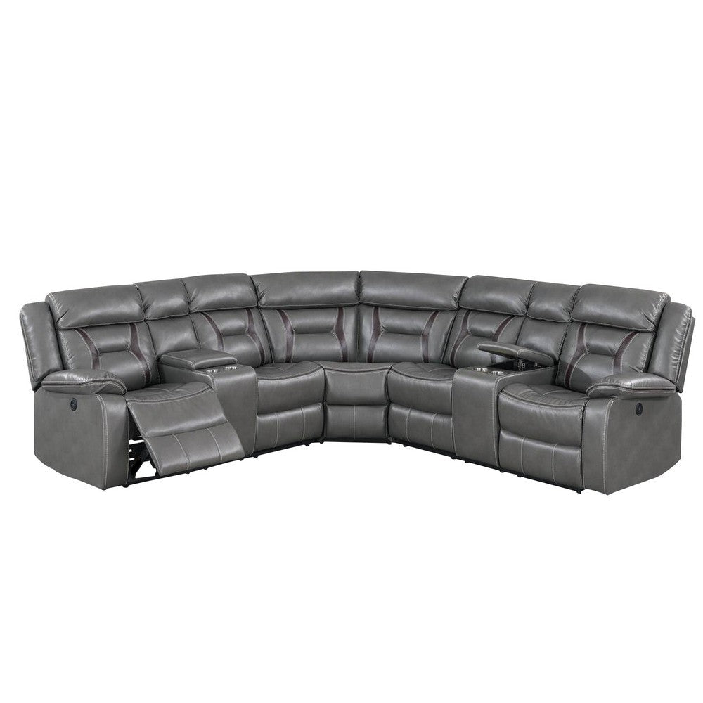 Lof Power Reclining Sectional Sofa Set, USB Port, Gray Gel Faux Leather