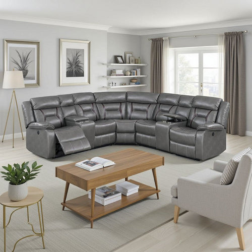 Lof Power Reclining Sectional Sofa Set, USB Port, Gray Gel Faux Leather