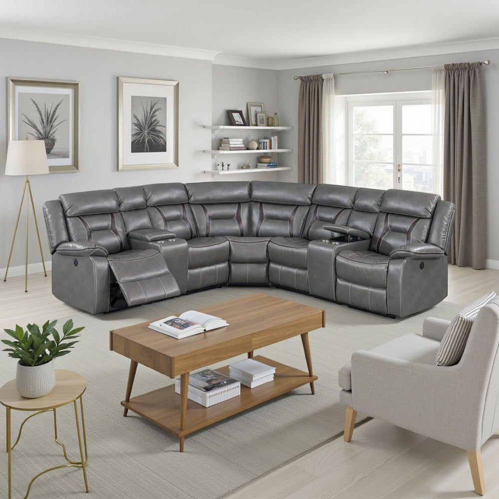 Lof Power Reclining Sectional Sofa Set, USB Port, Gray Gel Faux Leather