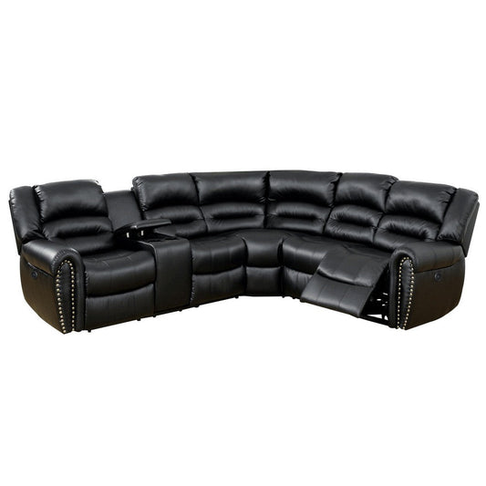 Qox Power Reclining Sectional Sofa Set, USB Port, Bonded Leather, Black By Casagear Home