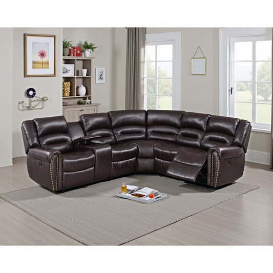 Qox Power Reclining Sectional Sofa Set, USB Port, Bonded Leather, Brown