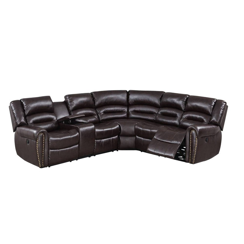 Qox Power Reclining Sectional Sofa Set, USB Port, Bonded Leather, Brown