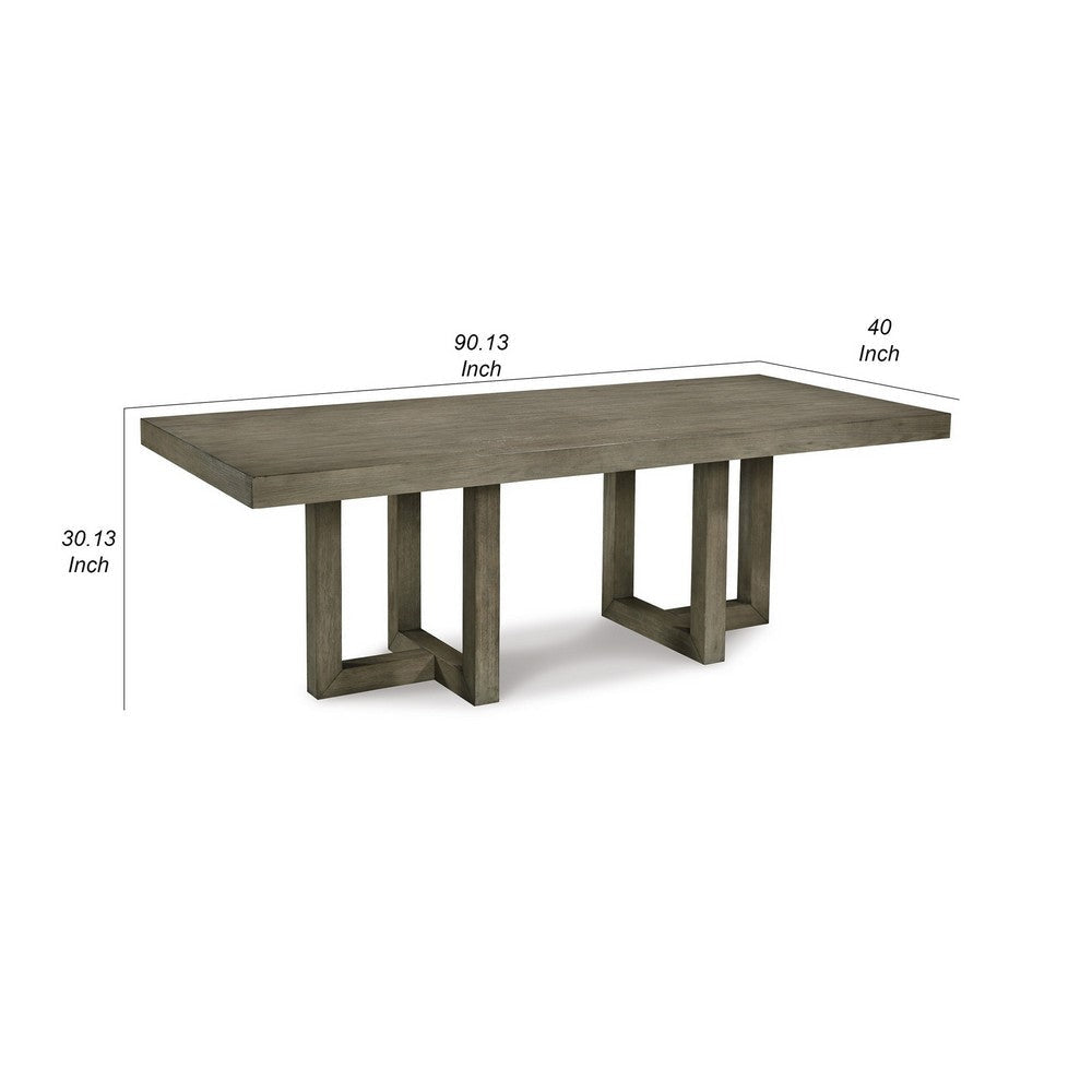 90 Inch Rectangular Dining Table Gray Wood Geometric Double Pedestal Base By Casagear Home BM299156