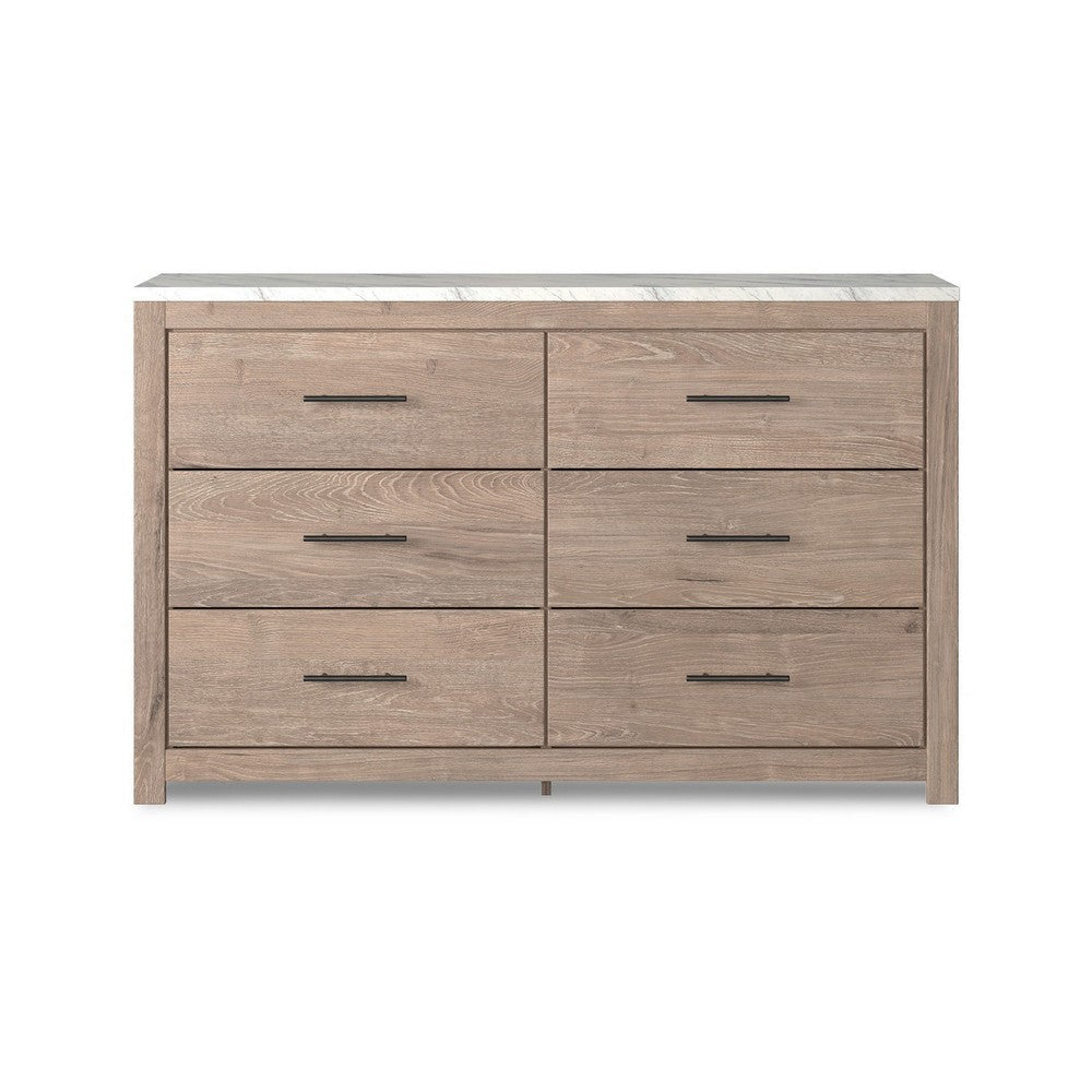 59 Inch Modern Wide Dresser Light Brown Wood 6 Drawers Linear Handles By Casagear Home BM299162