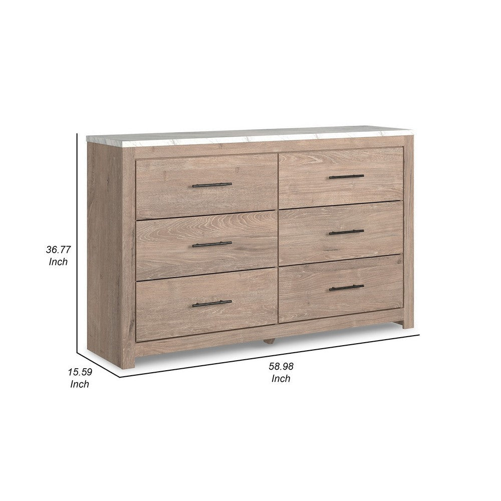 59 Inch Modern Wide Dresser Light Brown Wood 6 Drawers Linear Handles By Casagear Home BM299162