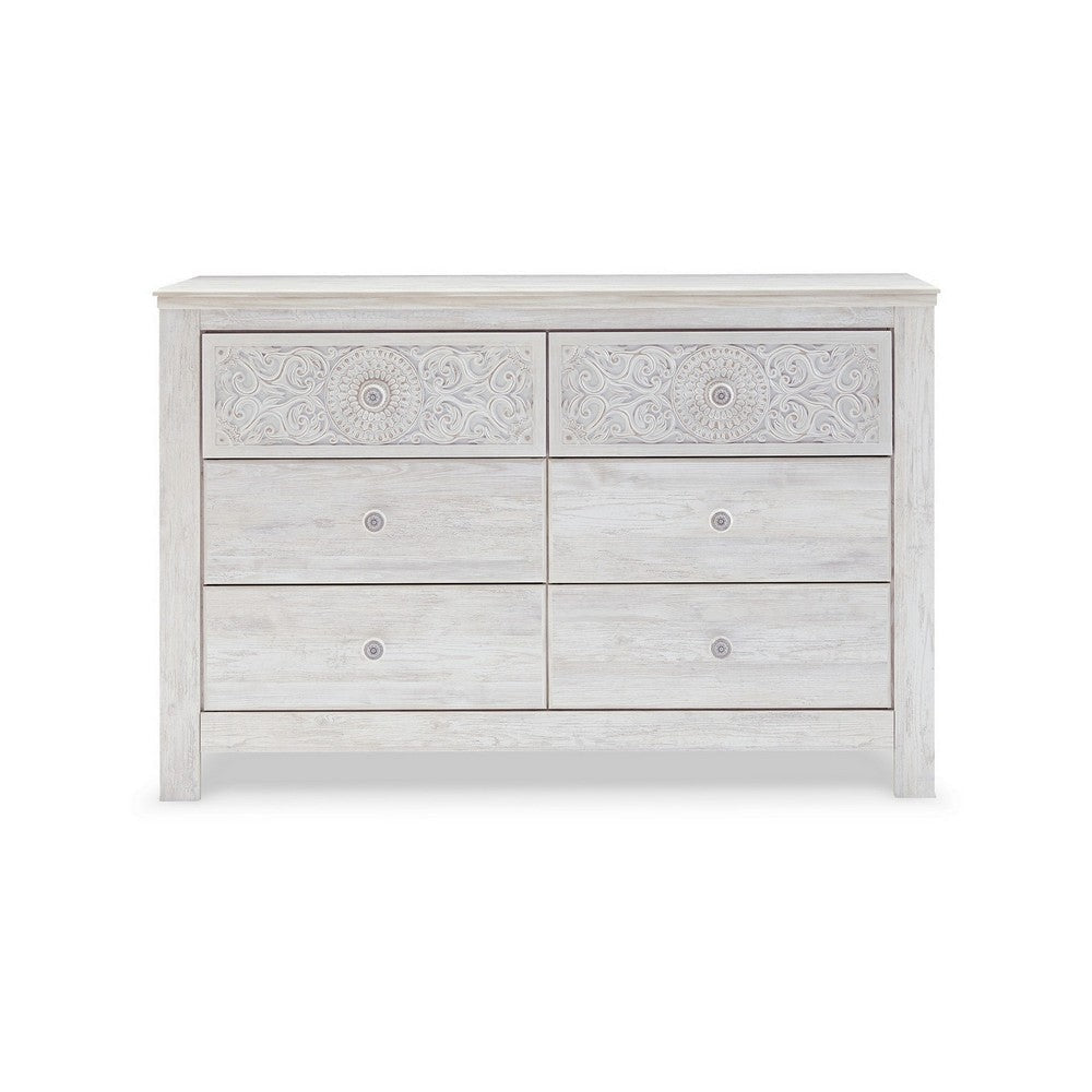 61 Inch Modern Wide Dresser Whitewashed Wood 6 Drawers Medallion Details By Casagear Home BM299165