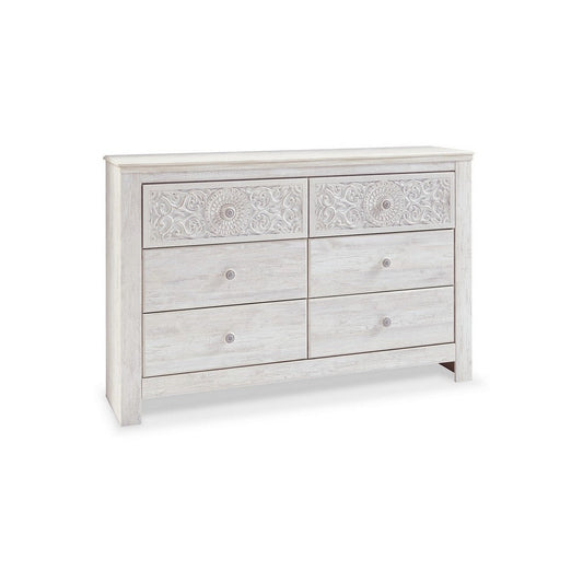 Dresser | 61" | 6 Drawers | Whitewashed Wood | Medallion Detail