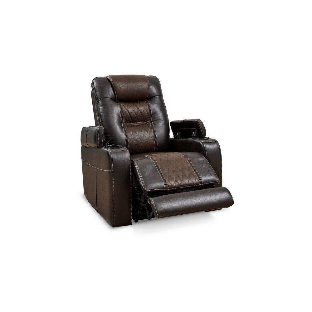 35 Inch Dual Power Recliner Brown Vegan Faux Leather Polyester USB Port By Casagear Home BM299206