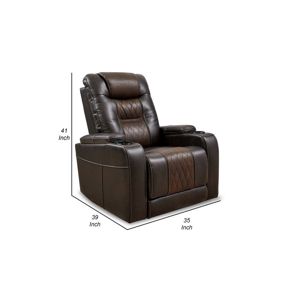 35 Inch Dual Power Recliner Brown Vegan Faux Leather Polyester USB Port By Casagear Home BM299206