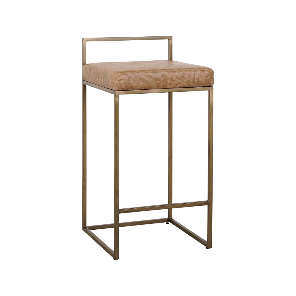 Wes 26 Inch Counter Height Stool Iron Frame Light Brown Top Grain Leather By Casagear Home BM299276