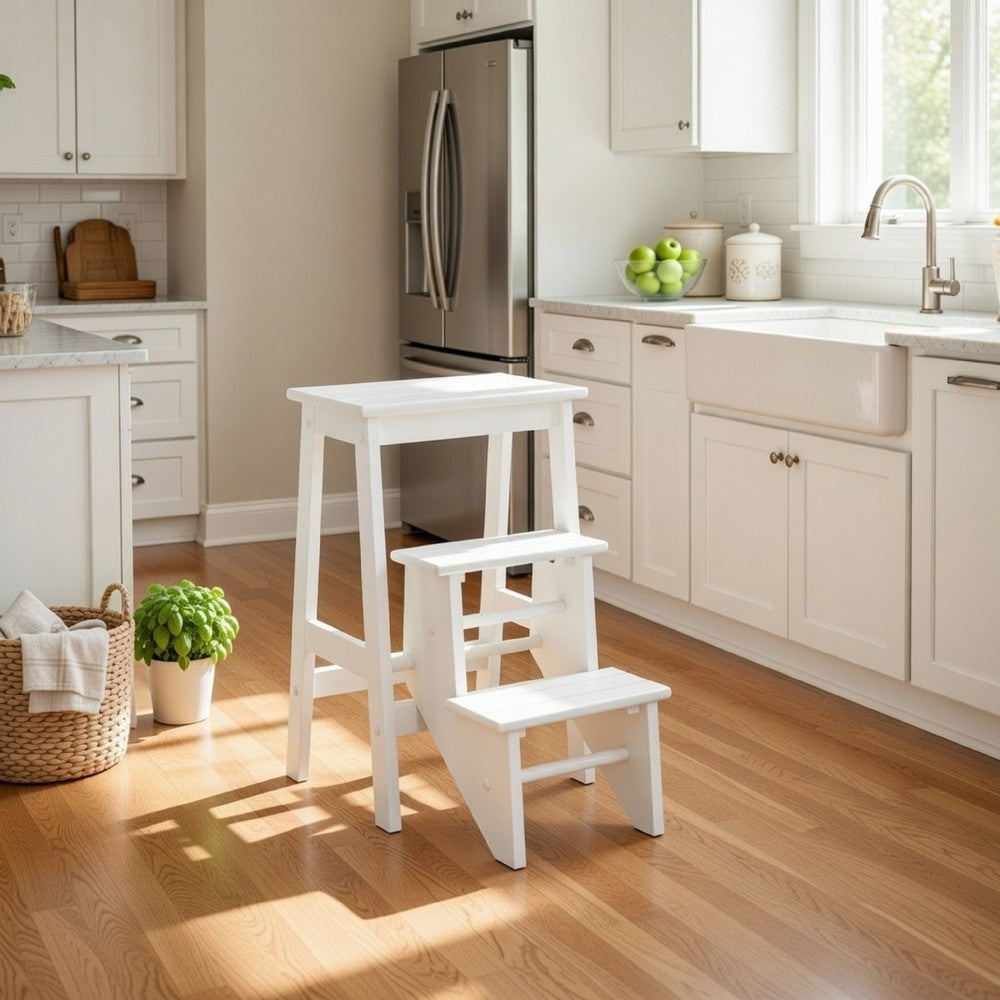 24" 3 Level Step Stool, Plank Tops, Safety Latch, White Wood By Casagear Home