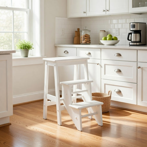 24" 3 Level Step Stool, Plank Tops, Safety Latch, White Wood By Casagear Home