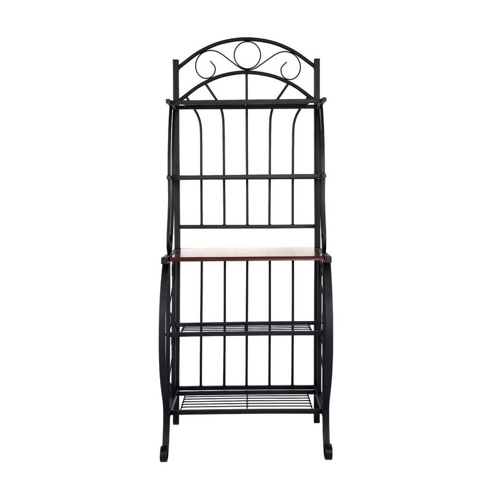 65" 5 Tier Bakers Rack, Wood Shelf, Carved Black Metal By Casagear Home