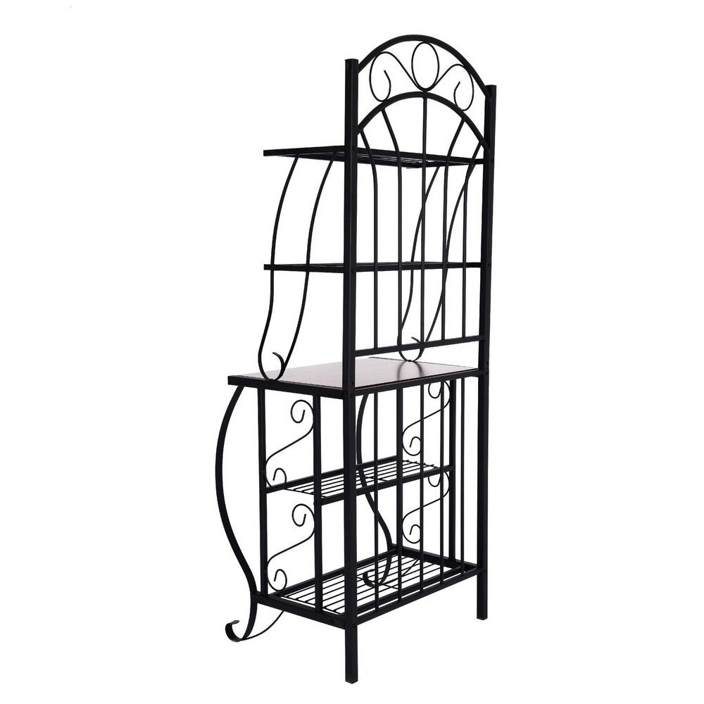 65" 5 Tier Bakers Rack, Wood Shelf, Carved Black Metal By Casagear Home