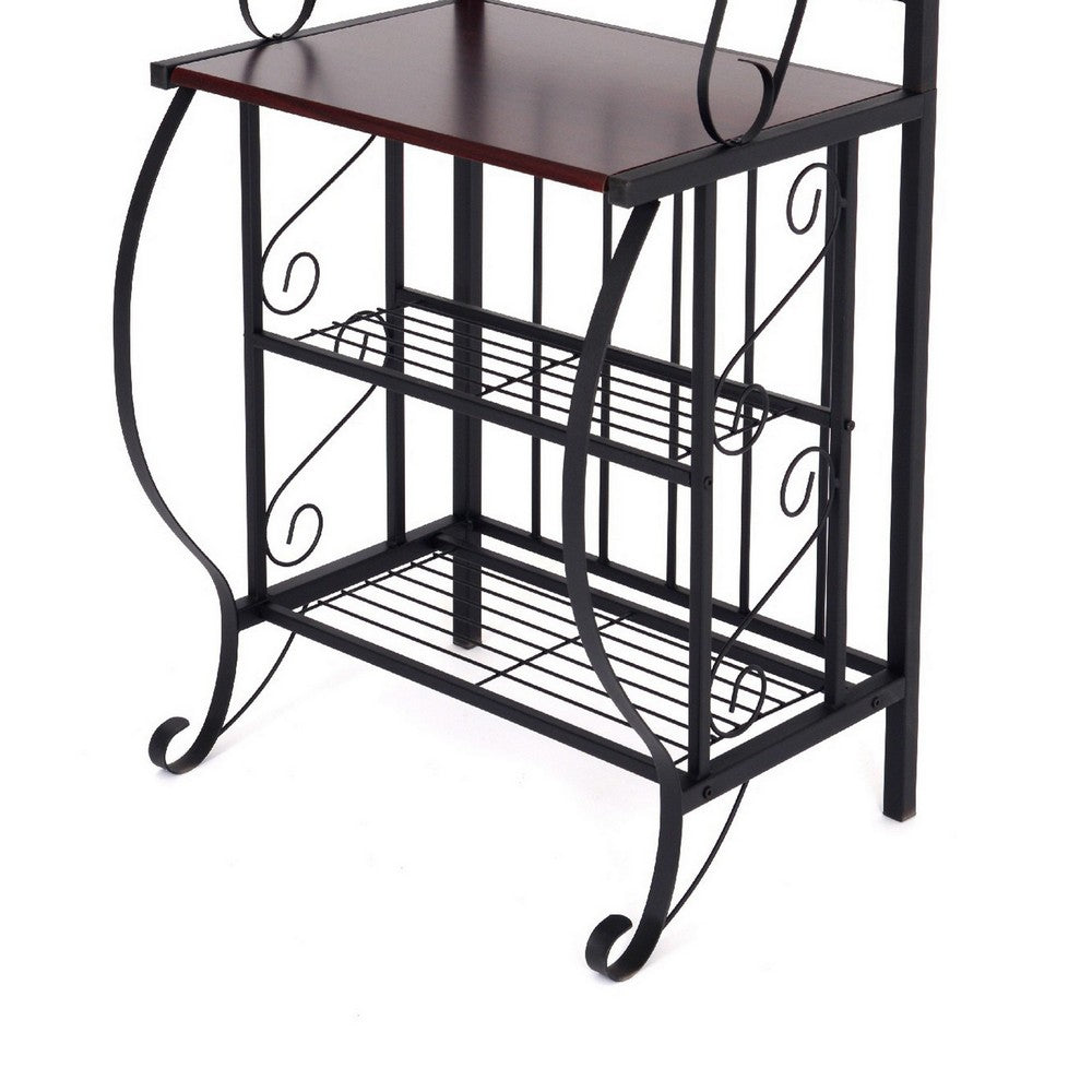 65" 5 Tier Bakers Rack, Wood Shelf, Carved Black Metal By Casagear Home