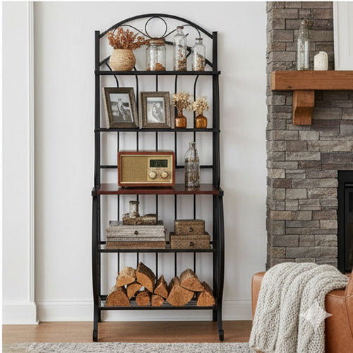 65" 5 Tier Bakers Rack, Wood Shelf, Carved Black Metal By Casagear Home