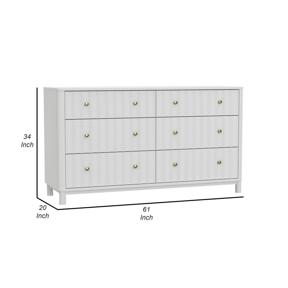 Aya 61" Wide 6 Drawer Dresser, Scalloped Front, White Wood by Casagear Home