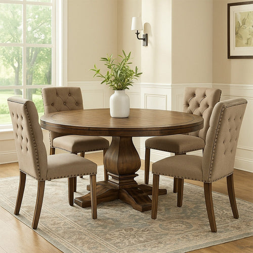 60 Inch Round Dining Table, Carved Pedestal Base, Reclaimed Walnut Brown By Casagear Home