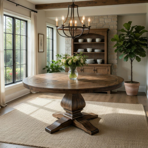 60 Inch Round Dining Table, Carved Pedestal Base, Reclaimed Walnut Brown By Casagear Home