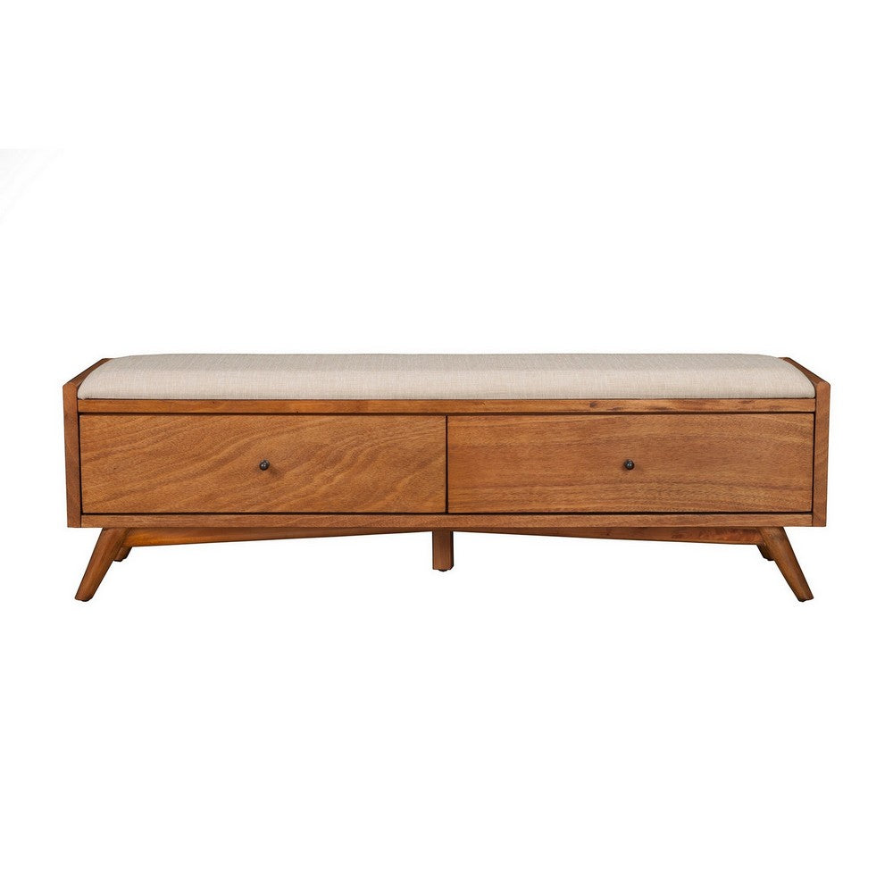 Ian 59" Storage Bench, Padded, Beige Fabric, Acorn Brown by Casagear Home