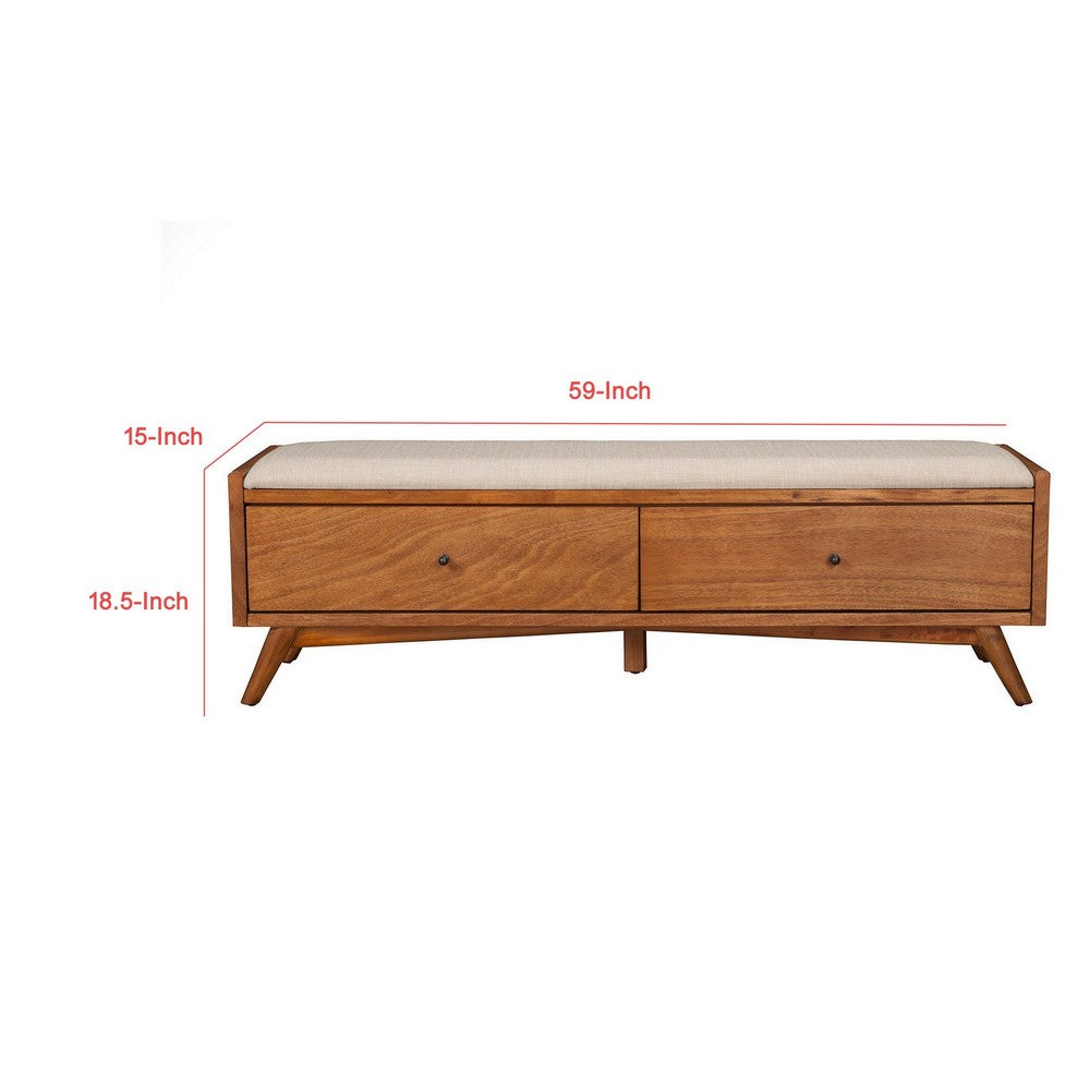 Ian 59" Storage Bench, Padded, Beige Fabric, Acorn Brown by Casagear Home