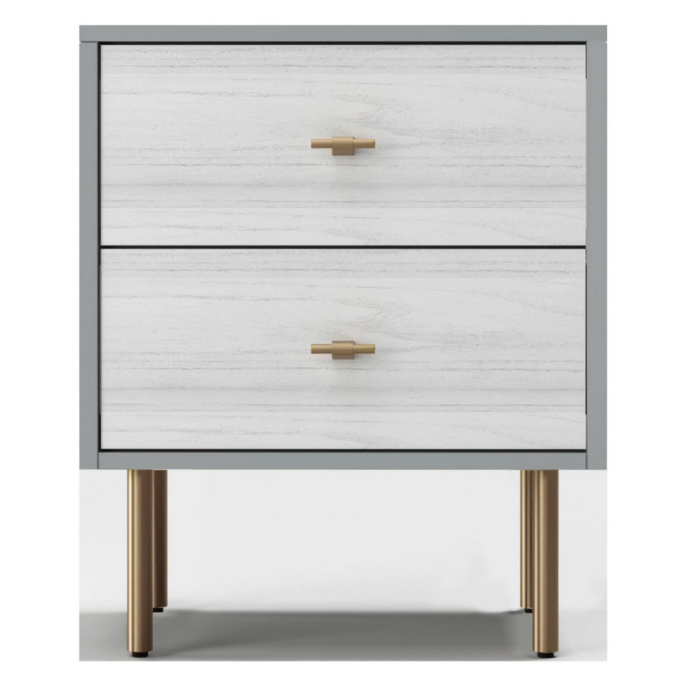Dap 24" 2 Drawer Nightstand, Satin Gold Handles, White, Gray by Casagear Home