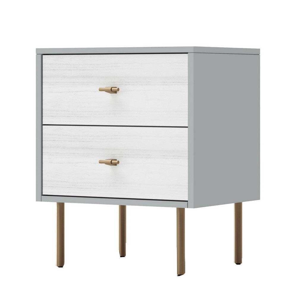 Dap 24" 2 Drawer Nightstand, Satin Gold Handles, White, Gray by Casagear Home