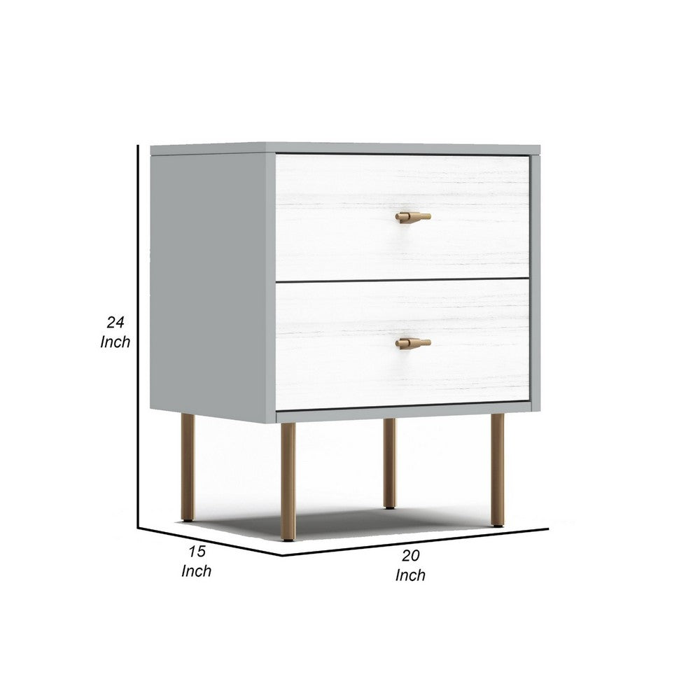 Dap 24" 2 Drawer Nightstand, Satin Gold Handles, White, Gray by Casagear Home