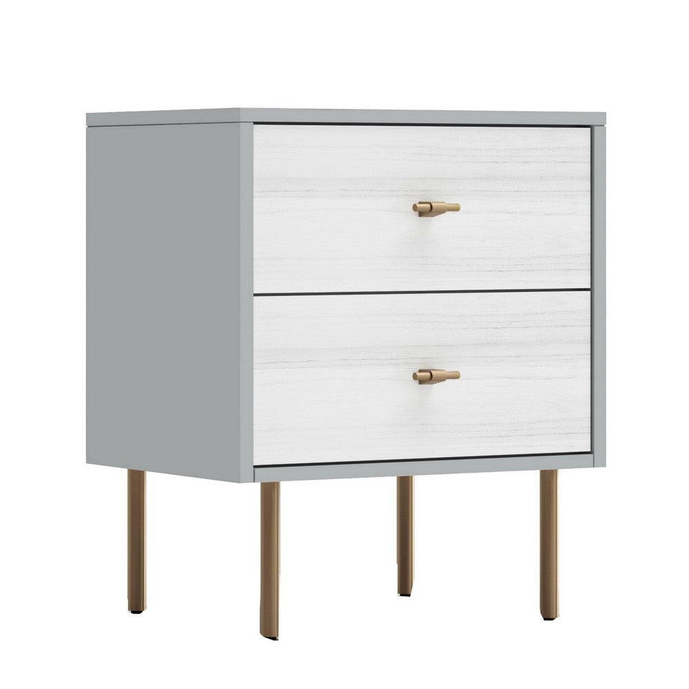Dap 24" 2 Drawer Nightstand, Satin Gold Handles, White, Gray by Casagear Home