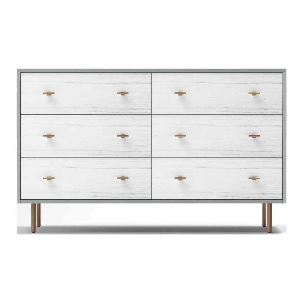 Dap 56" 6 Drawer Dresser, Satin Gold Handles, White, Gray by Casagear Home
