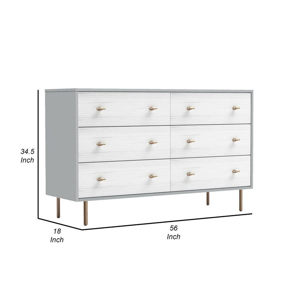 Dap 56" 6 Drawer Dresser, Satin Gold Handles, White, Gray by Casagear Home