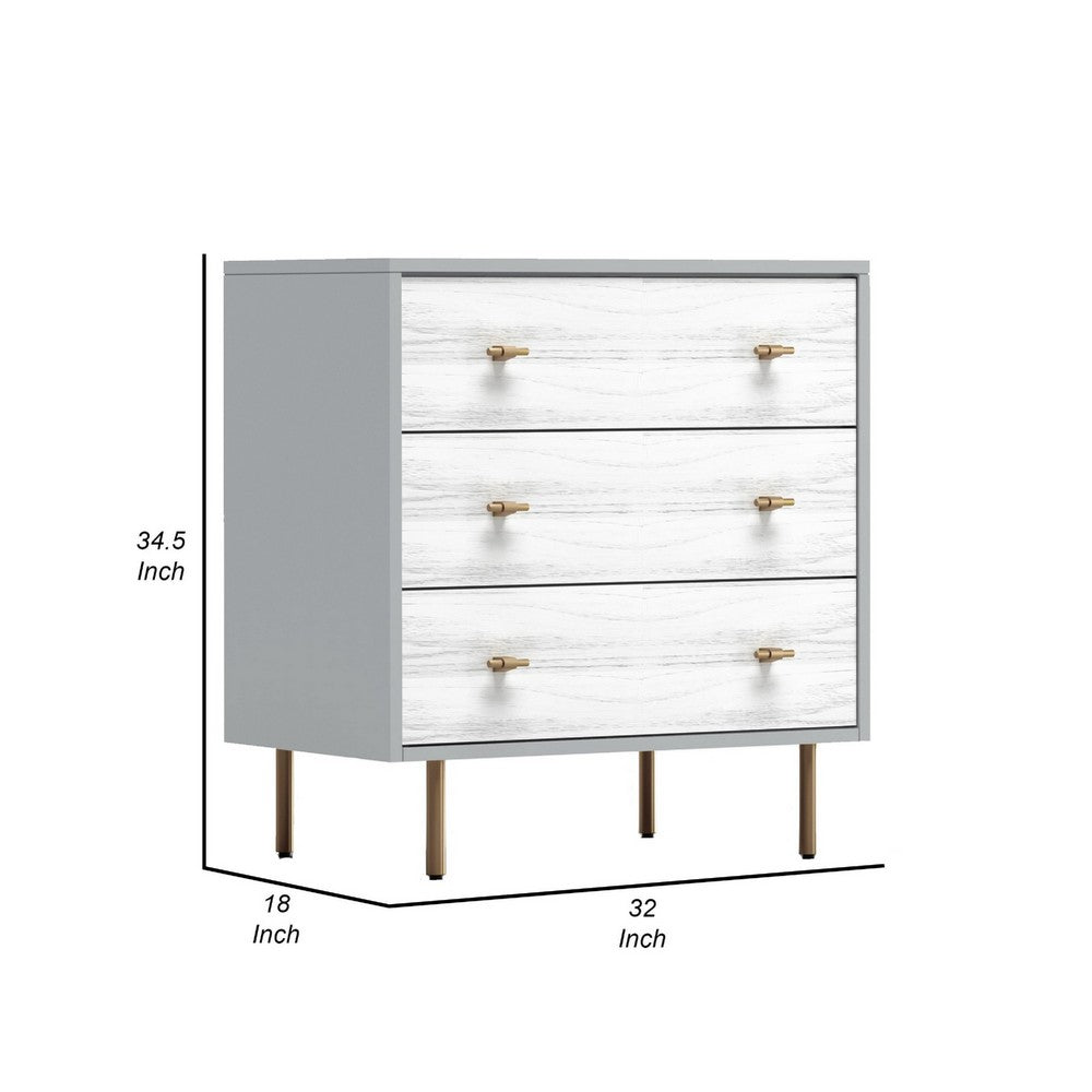 Dap 35" Small 3 Drawer Chest, Satin Gold Handles, White Gray by Casagear Home